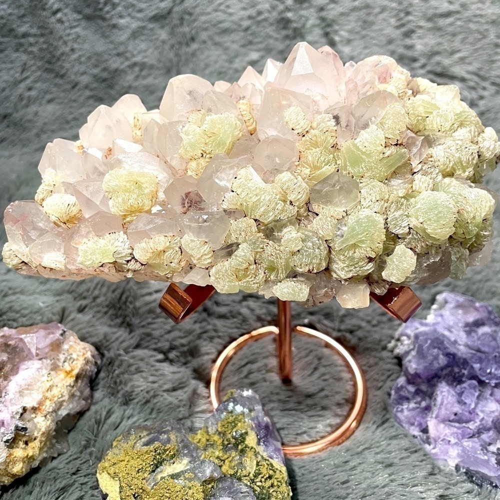 PROTECTIVE- PINK GARDEN QUARTZ CLUSTER- all natural 6”x3”x2” W PREHNITE